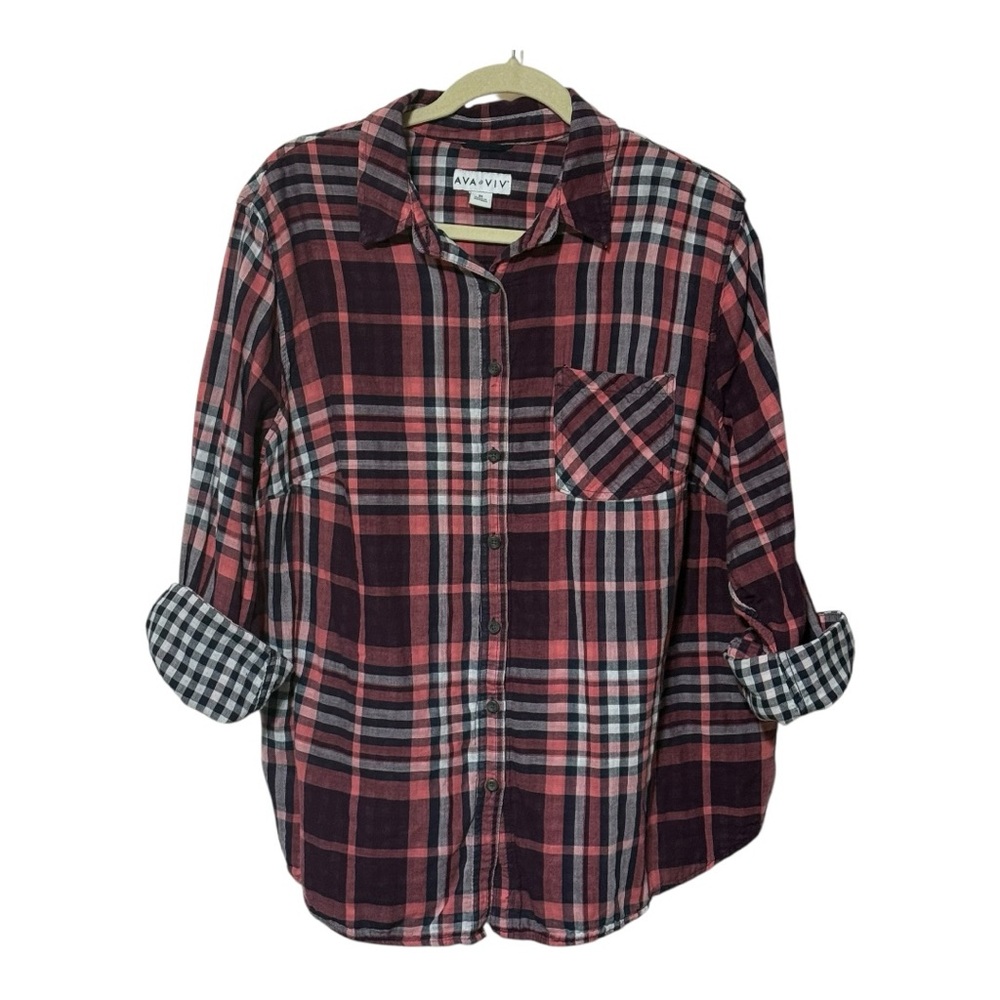 Ava & Viv Pink and Navy Flannel Roll Sleeve Design Top- 2x